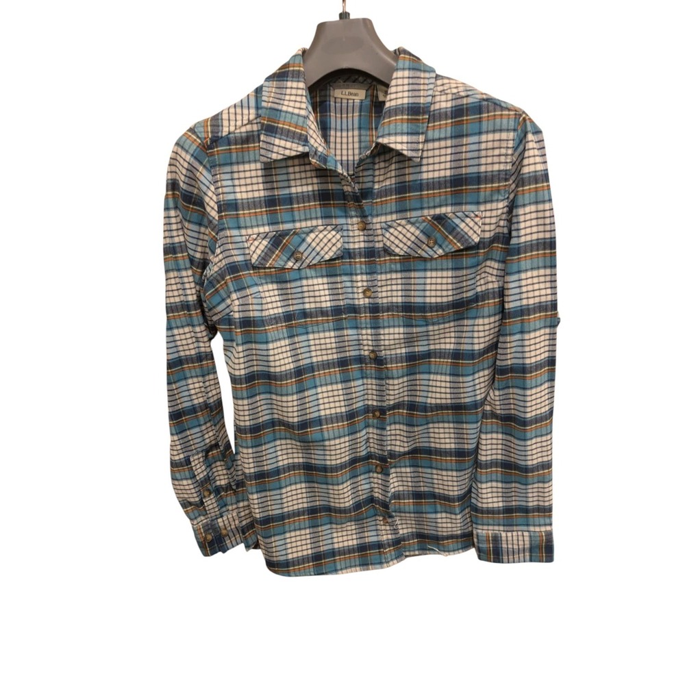 Ll Bean Flannel Shirt Blue‎ Cool Poly/Elasterell Women's Button Up Long Sleeve